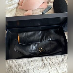 Black Leather Knee-High Boots with Gold Buckle